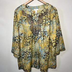 Charter Club Woman Tunic Boho Multi Color Embroidered Studded Aztec Casual 3X